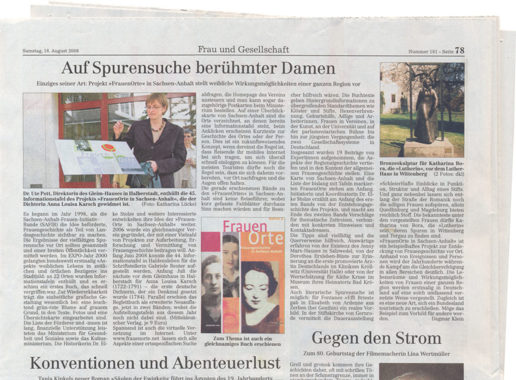 Auf Spurensuche berühmter Damen - Zeitungsartikel vom 16.08.2008